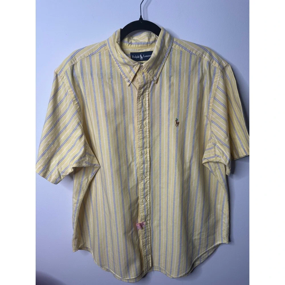 Ralph Lauren Classic Fit Mens XL Yellow Blue Striped Short Sleeve Button Down